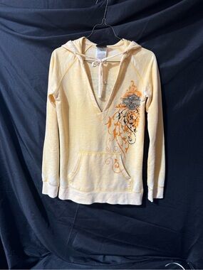 Harley-Davidson Pale Yellow Hooded Pullover with Orange and Black Graphic
